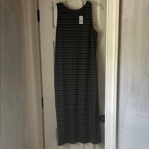 LOFT Black and Gray Striped Midi Dress